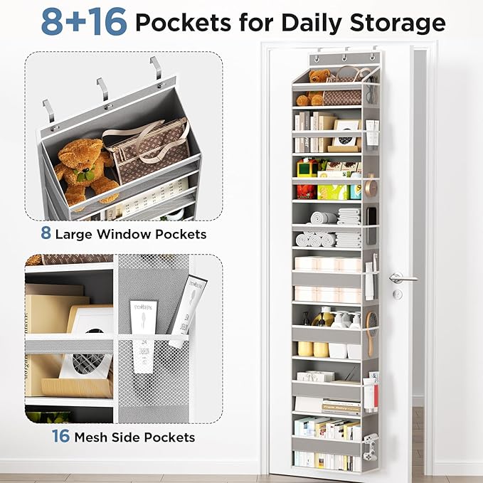 Mefirt Over The Door Organizer, 8 Shelf Door Hanging Organizers with 8 Large Capacity Pockets, Back of Door Organizer Storage Hanging Shelves for Closet Bathroom Bedroom Nursery