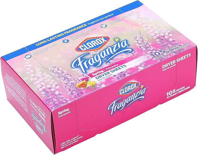 Clorox Fraganzia Fabric Softener Dryer Sheets, Wrinkle Reducing and Anti Static Laundry Dryer Sheets for Great Smelling Clothes, Softens Fabrics, Fresh Spring Scent, 105 Count - 6 Pack