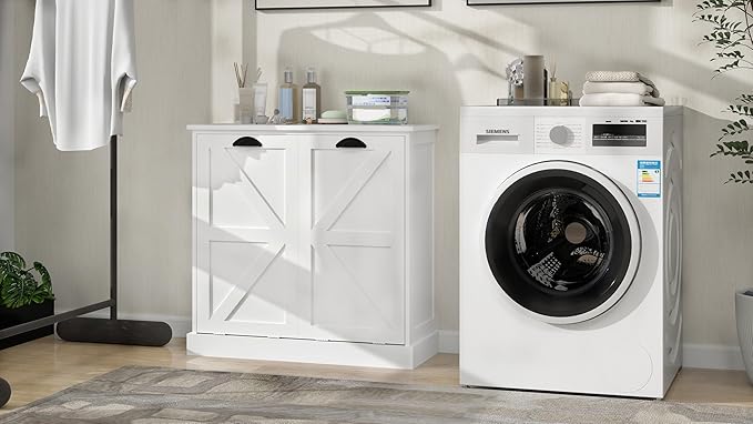 Two-Compartment Tilt-Out Laundry Sorter Cabinet with Removable Cloth Bags,Laundry Room Organization,UV Painting Cabinet for Laundry Room,Bathroom,Utility Room-White