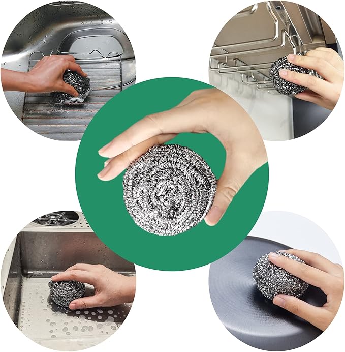 COOLJOB 6/12 Pack Stainless Steel Scrubber Sponges, Heavy Duty Tough Metal Scouring Pads for Dishes, Pans, Pots, Ovens, Uncoated Cookware, Powerful to Clean Grease Dirt Oil or Rust (Sliver, 25 Grams)