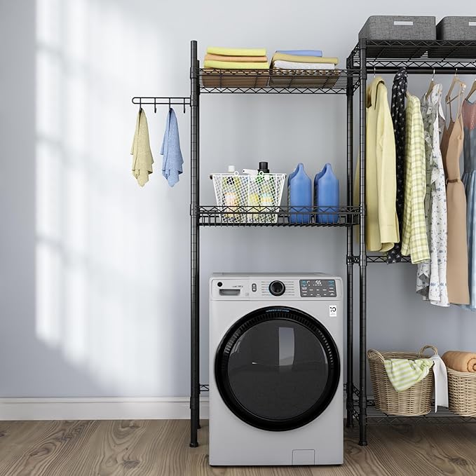 Golpart Over Washer and Dryer Shelves,Laundry Room Storage Organization Clothes Drying Rack,4 Tier Adjustable Height Wire Shelving with Wire Basket,Hanger Rod&Hook,Space Saving Shelf
