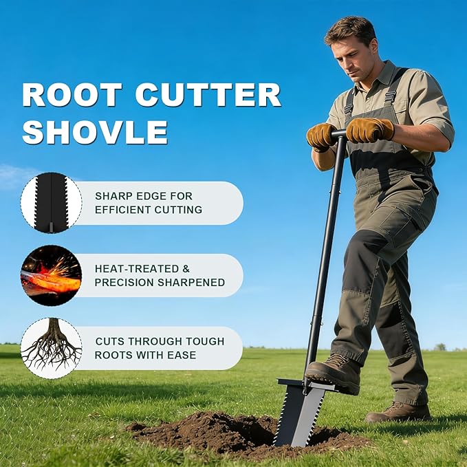 Metal Detecting Shovel 39inch Spade Shovel Lightweight Metal Detector Shovel Effortless Cutting Root Slayer Shovel Serrated Shovels for Digging, Treasure Hunting, Garden Transplanting, Trenching