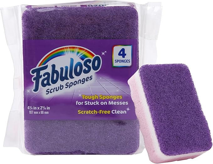 Fabuloso Scratch-Free Kitchen Dish Sponges, Purple Cellulose Scrubber Sponge with Scouring Pad for Dishes, Pots, Pans, Counters and Sinks, Tough on Messes, 4.25 x 2.75 x 1.25 in, 4 Count