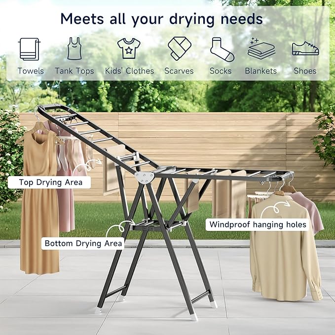 MIKEE Clothes Drying Rack,Foldable Laundry Drying Rack for Indoor & Outdoor Use，with Height-Adjustable Wings，2-Tier Clothes Rack with Windproof Hanging Holes and Wheels，132 lbs