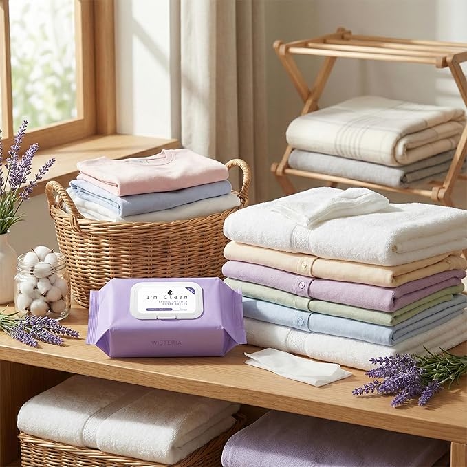 I'm Clean Laundry Dryer Sheets, 160 Sheets Total (80ct x 2), Elegant Wisteria Scent, Moist Fabric Softener Sheets for Deodorization & Static Control