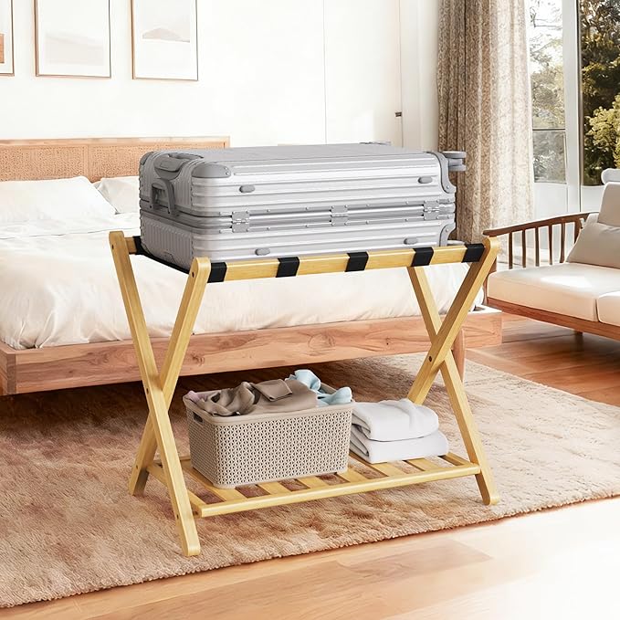 Fully Assembled 26.77" Luggage Stand, Bedroom, Hotel - Natural Bamboo Suitcase Stand, Foldable with 2 Layers - Luggage Racks for Suitcases, up to 165 lbs