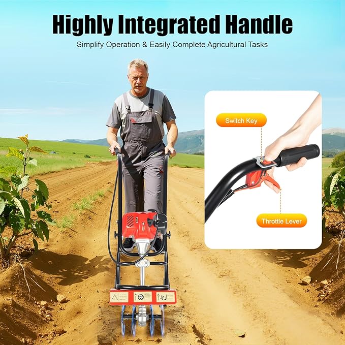 Gas Powered Tiller Cultivator 52cc 2 Stroke Gas Garden Tiller with Hand-Pull Recoil and 1.9KW 6500-7000RPM Gasoline Engine, for Plowing/Tilling/Furrowing