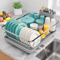 Sakugi Stainless Steel Dish Drying Rack for Kitchen Counter, Sink Organization and Storage Essentials with Silverware & Utensil Holder, Home and Apartment Decor, 12''W x 15.5''L, Silver