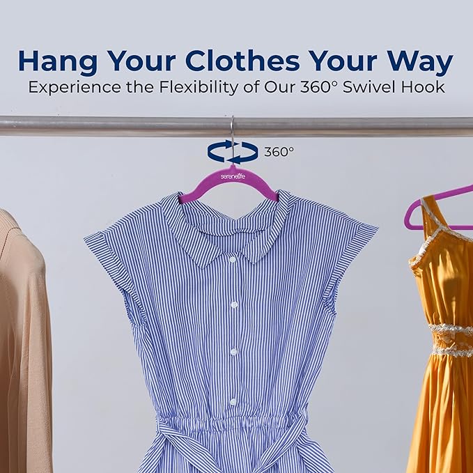 SereneLife 10 Pack Velvet Hangers – Non-Slip Clothes Hangers with Heavy Duty Design, Slim Space-Saving Coat Hangers with 360° Swivel Hook, Strong Lightweight Closet Organizer Set for Clothes (Purple)