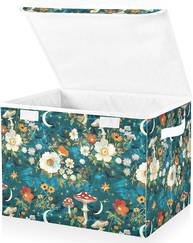 senya Large Storage Bins with Linen Collapsible Foldable Storage Cubes Fabric Closet Organizer Containers box with Flip-Top Lid for Home Bedroom Office 16.7 x 12.6 x 11.8in (Flowers Mushrooms Stars)