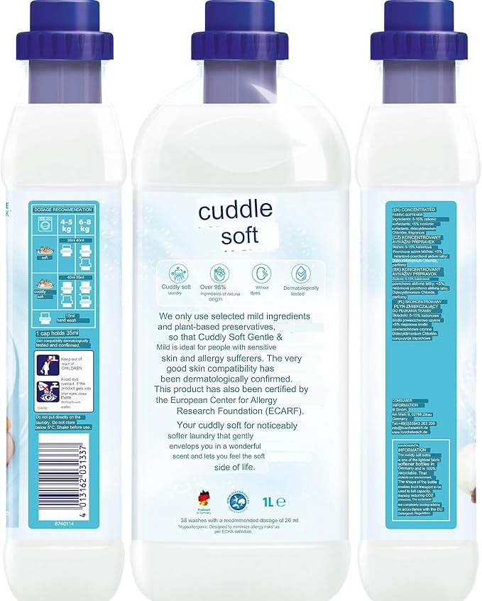 Fabric Softener Gentle & Mild - Without Dyes - 3x1L (101.44 oz) - 114 Wash Loads - Made in Germany