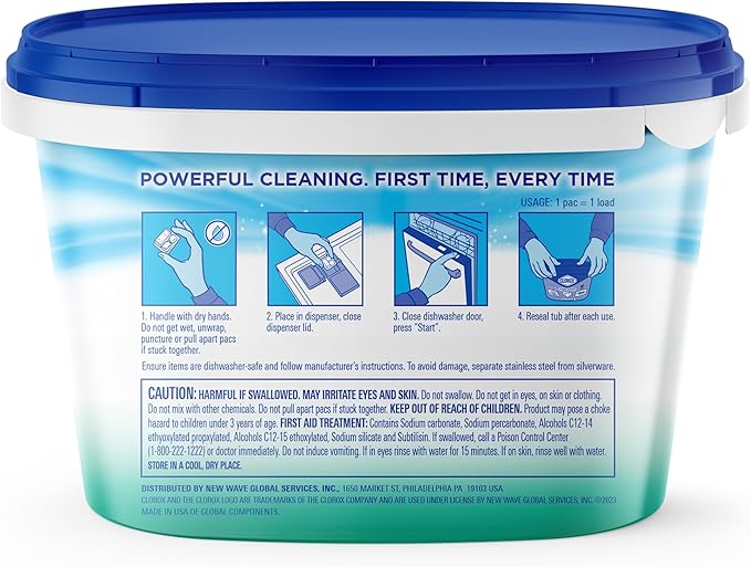 Clorox Ultra+ Dishwasher Detergent Pacs, 60 Count, Stain Fighting, No Prewash Needed, Removes Burnt-on Food, Crisp Fresh Scent Pods - Packaging May Vary