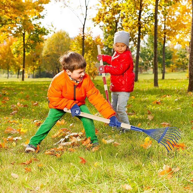 2PCS Garden Tool Rakes with Hardwood Handle and 2 Pairs Gloves, Garden Lawn Rake Leaves Lightweight Cute Rakes with Heads for Fall Garden Tools Gifts