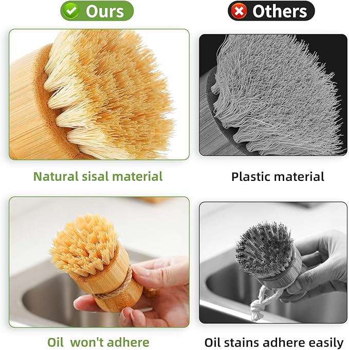 SUBEKYU Bamboo Dish Brush Set with Soap Holder, Wooden Dish Scrubber with Soap Dispenser, Natural Kitchen Scrub Brush, Washing Pot/Pans/Cast Iron, 2 Pack, Sisal Bristles