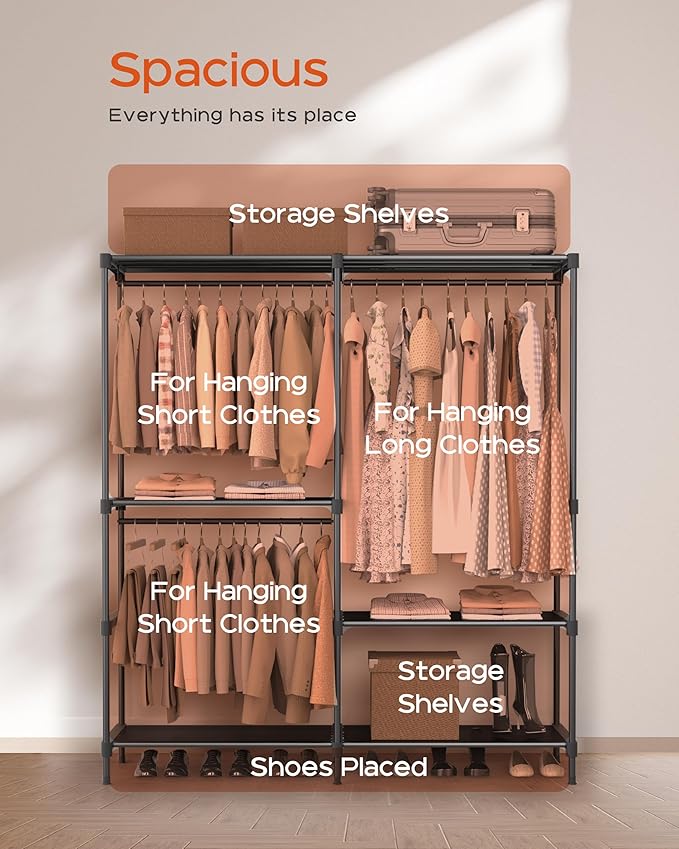CASAMAYA Clothes Rack, Portable Closet, 54.3 Inch Large Capacity Wardrobe Closet, Clothes Storage Organizer with Shelves and 3 Hanging Rods, Easy to Assembly, Black PCT022B01