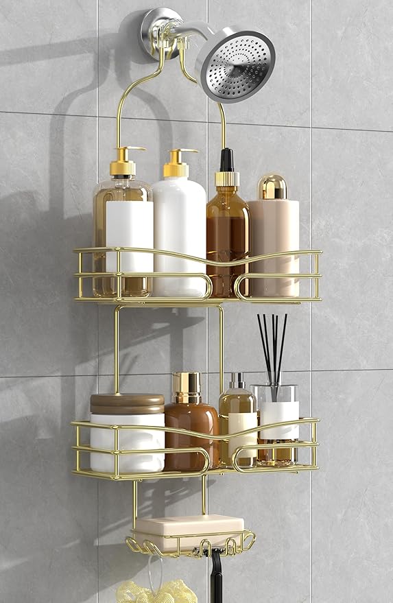 DAOYA Over the Shower Head Caddy - 3 Tier Shower Caddy Hanging, Gold Bathroom Organizer with Soap Holder & Hooks