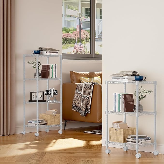 M MZG 1000 lbs 4-Shelf Adjustable Heavy Duty Steel Wire Rack, Adjustable Storage Shelving Unit with Wheel for Kitchen, Garage, Laundry White 11.8" D x 17.7" W x 40.8" H