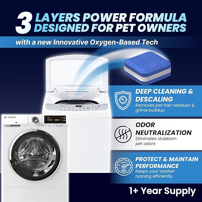 Washing Machine Cleaner Pro Tablets for Pet Owners - 56 Pack, Front & Top Load Washer Deep Cleaning, Septic Tank Safe, HE Support, Remove Stubborn Pet Hair, Eliminates Smells, Prevents Dander Build-up