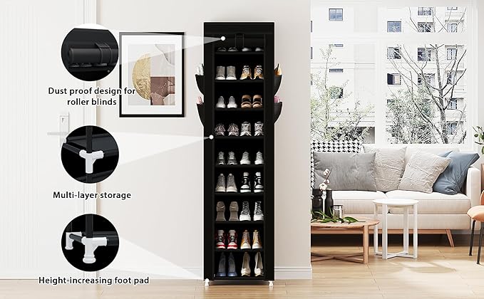 Calmootey 9 Tier Shoe Rack Organizer,Portable Shoe Shelf with Nonwoven Fabric Cover for Closet Hallway,Bedroom,Entryway,17.72x11.81x62.99inches,Black