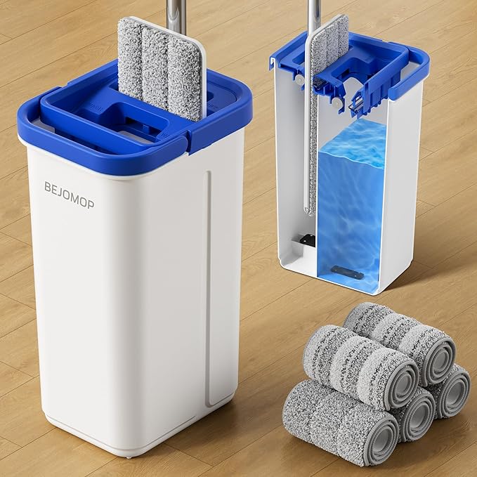 Mop and Bucket Set, Mops for Floor Cleaning with Long Handle, Squeeze Flat Mop and Bucket System, Dry & Wet Dust Mop for Household Floor Cleaning with 5 Microfiber Mops, Slate Blue