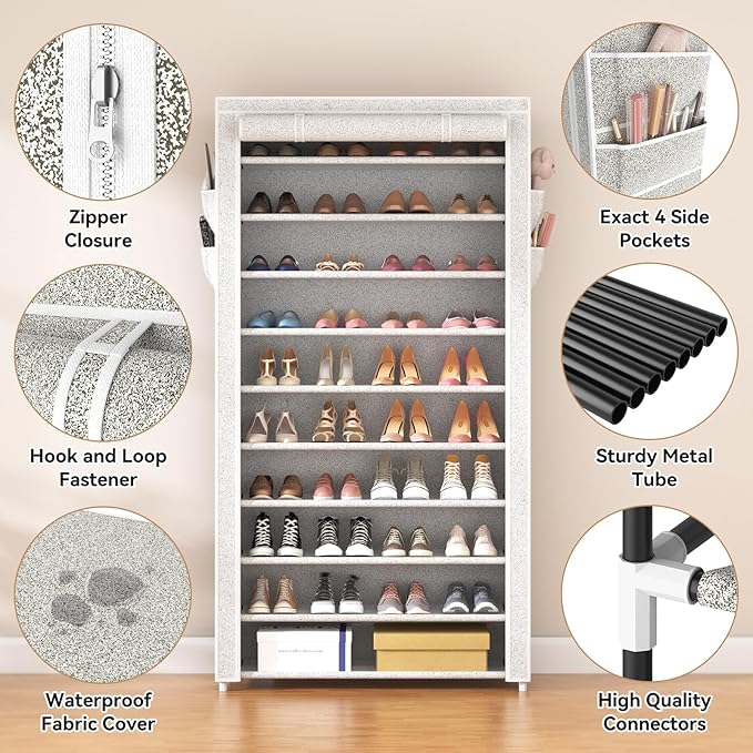 ROJASOP 10 Tier Shoe Rack with Covers Large Capacity Stackable Tall Shoe Shelf Storage for 50-55 Pairs Shoe and Boot, Sturdy Free Standing Shoe Rack Organizer for Closet, Entryway, Bedroom, Printing