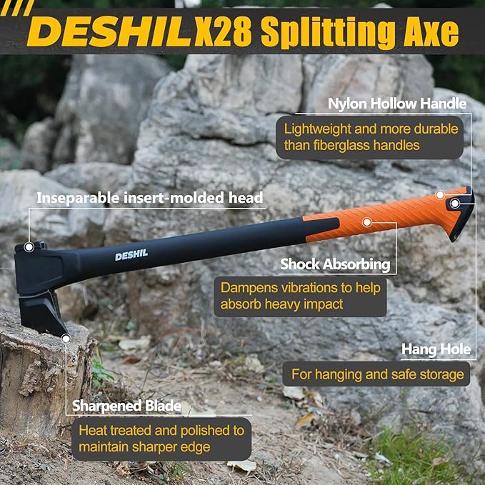 X25 Wood Splitting Axe, 28” Camping Outdoor Hatchet for Wood Splitting and Kindling, Forged Carbon Steel Heat Treated Hand Maul Tool, Nylon Hollow Handle Shock Reduction Handle