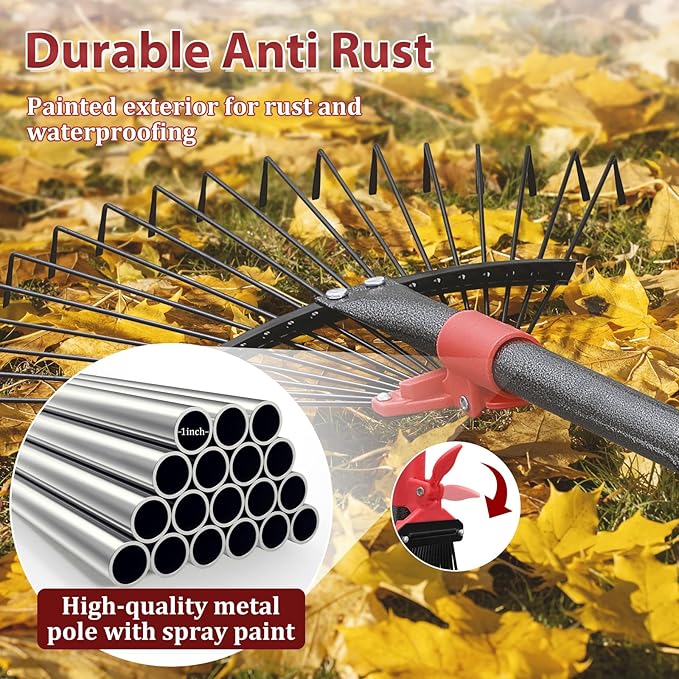76 Inch Rake for Leaves, Adjustable 18 Metal Tines with Expandable Head Garden Rakes for Lawns Heavy Duty Metal Rake for Leaves Yard Gardening Grass Outdoor Debris