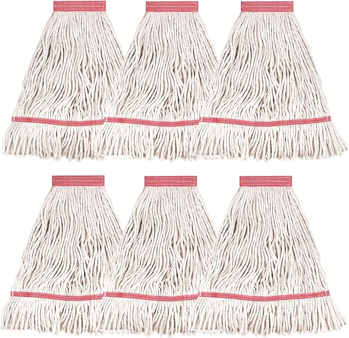 MATTHEW CLEANING Heavy Duty Mop Head Commercial Replacement for General and Floor Cleaning, Wet Industrial Blue Cotton Looped End String Head Refill (Pack of 6) White