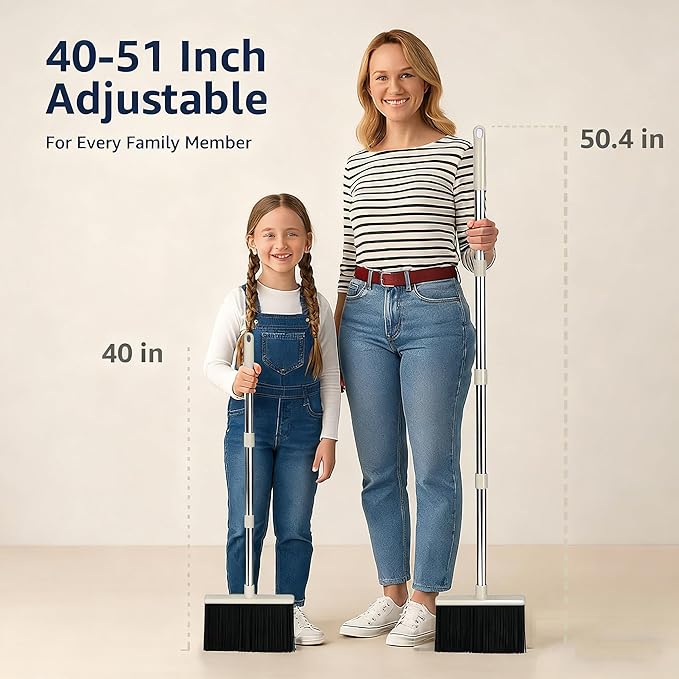 Broom and Dustpan Set for Home, Long Handle Upright Broom Dustpan Combo with Self Cleaning Dustpan Teeth, Standing Sweep Set for Kitchen Office Lobby Garage Floor Indoor Outdoor Cleaning