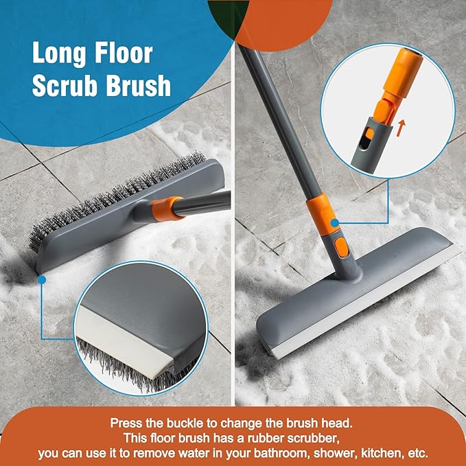 Floor Scrub Brush Tile Tub Scrubber Brush with 4 Different Cleaning Heads, Shower Brush with 56” Extendable Long Handle, Scrubbers for Cleaning Kitchen, Bathroom, Tub, Tile, Wall