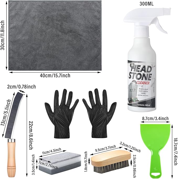 Mixweer 8 Pcs Headstone Cleaner Kit for Grave Cemetery Cleaning Granite and Stone Daily Cleaner Includes Spray Cloth Bristle Crevice Brush Scrub Brush Cleaning Sponge Disposable Gloves Plastic Scraper