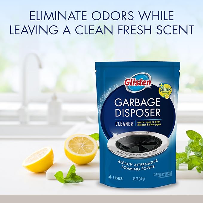 Glisten Garbage Disposer Cleaner and Freshener, Sink Disposal Odor Eliminator with Foaming Action, Lemon Scent, 4 Packets
