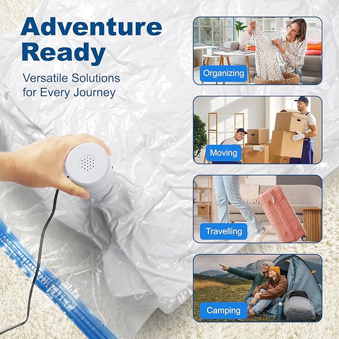HOUSE DAY 10 Small Vacuum Seal Bags For Clothing Travel, 80% Space Saving Travel Vacuum Bags with Electric Pump, Vacuum Storage Bags For Clothes, Bedding, Moving, Camping, Toys, Storage & Organization