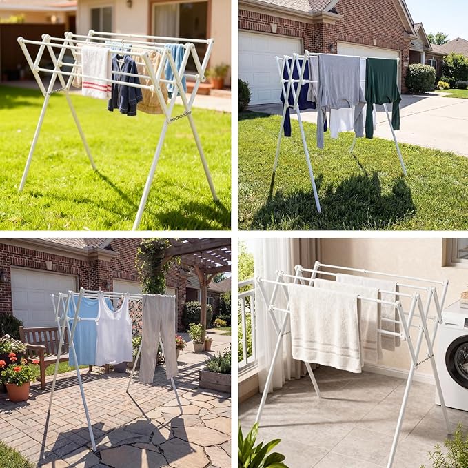 Collapsible Expandable Metal Clothes Drying Rack, Foldable & Portable Laundry Drying Rack, Space-Saving Design, Indoor & Outdoor Drying, Ideal for Laundry Room 16lb Capacity, Frosted White