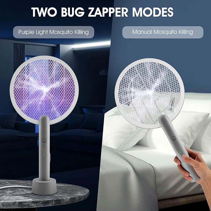 Electric Fly Swatter Racket, Mosiller 2 in 1 Smart Bug Zapper & Power Take Off Generators with USB Rechargeable Base, Powerful Mosquitoes Trap Lamp & Fly Killer for Home, Bedroom (2 Pack)