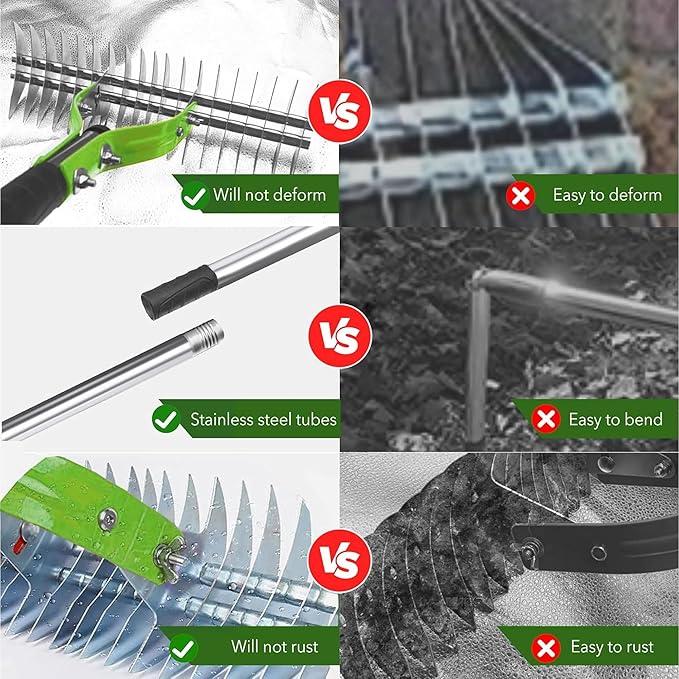 Thatch Rake,15" Lawn Dethatcher Rakes,Dead Grass Remover,Manual Dethatching Rake with Adjustable Length Handle,Scarifier Rake,Thatching Rakes for Lawns Grass Loosening Soil