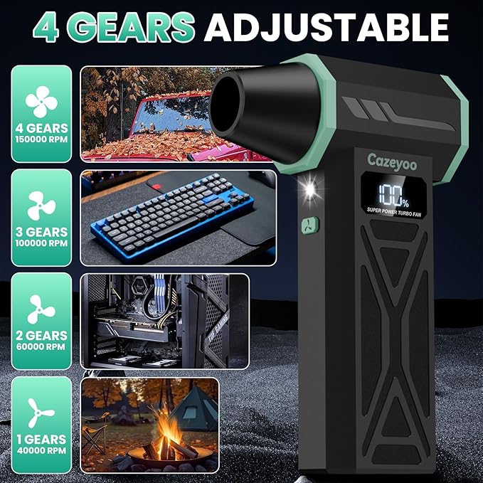 Compressed Air Duster - 150000 RPM Electric Air Duster with Brushless Motor, LCD Display, LED Light, 4 Speed Adjustable Cordless Blower - Rechargeable Air Duster for Equipment, Car, Outdoors and Home