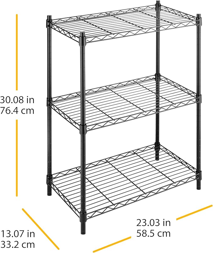 Whitmor 3 Tier Shelving Unit, Metal Storage Shelves, Adjustable Heavy Duty Shelf, 400 lbs Capacity per Shelf, 1200 lbs Total for Home, Garage, Workshop, 23" L x 13" W x 30" H, Black