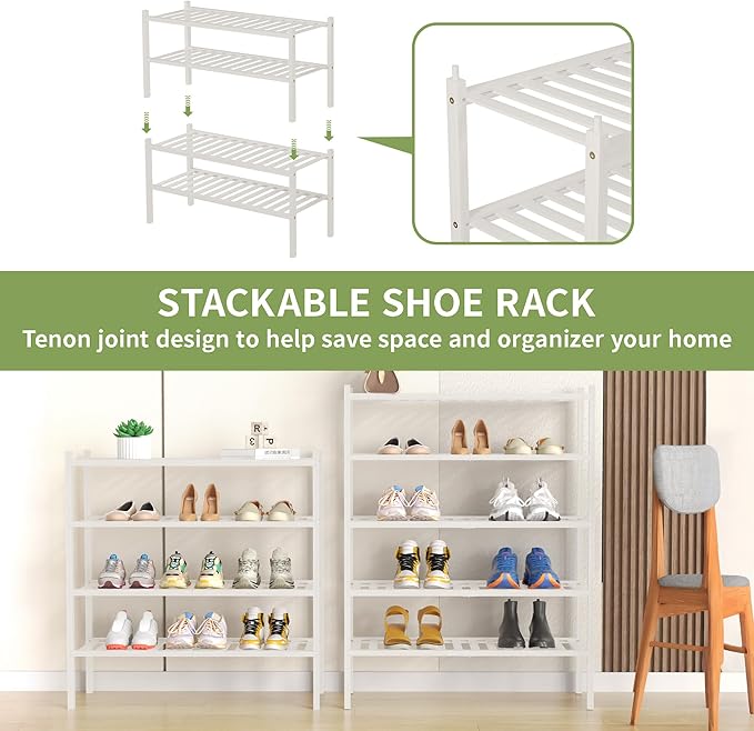 ROMGUAR CRAFT 5 Tier Bamboo Shoe Rack for Closet Free Standing Wood Shoe Shelf for Entryway Small Space Stackable 27"x11"x33" (White)