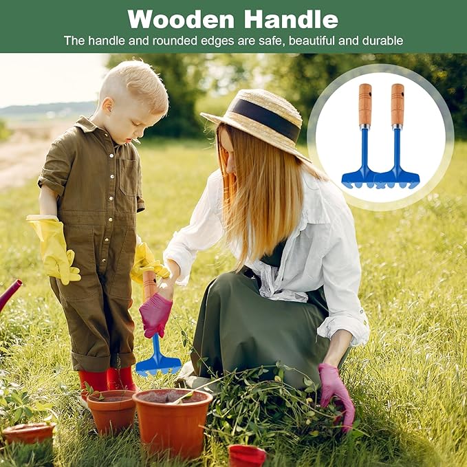 16 Pcs Gardening Tools Metal Garden Beach Sandbox Digging Including Shovel, Rake, Fork and Trowel, Garden Beach Sand Tools with Wooden Handle Hoe for Gift Outdoor Gardening