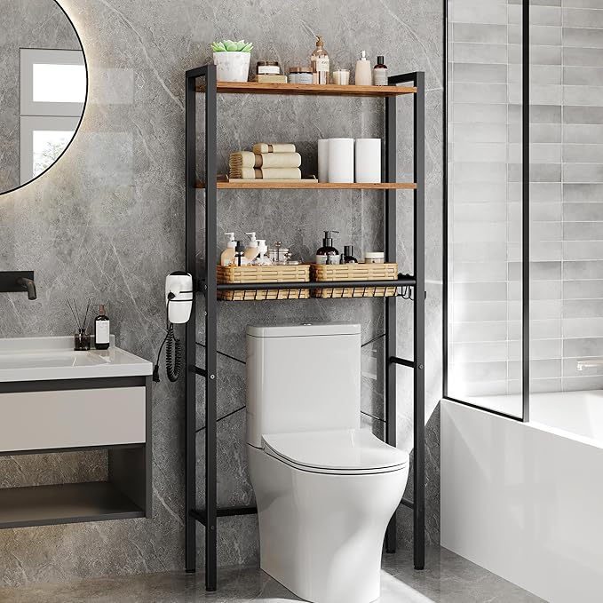 VASAGLE Over the Toilet Storage, Over Toilet Bathroom Organizer with Adjustable Shelves and Basket, 3 Hooks, Space Saving, 9.4 x 23.6 x 63 Inches, Rustic Brown UBTS113KD01S