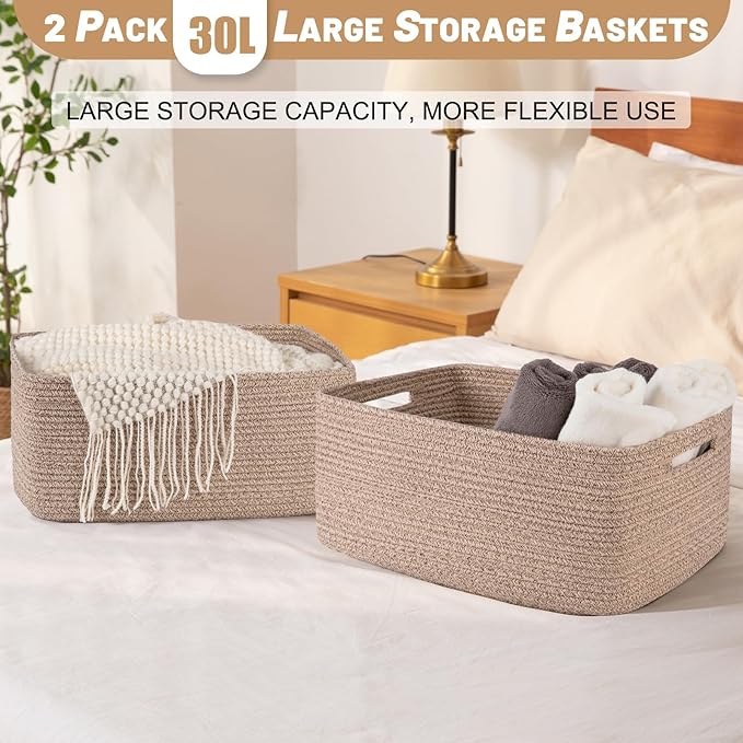 Large Storage Basket for Organizing, Woven Rope Basket for Shelves, Closet Organizer Bins for Clothes, Blanket, Toys, Baby Nursery Storage, 17.7" x 13" x 7.87", 2 Packs Brown