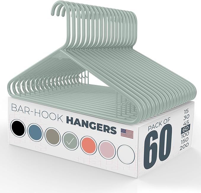 Neaties Plastic Hangers 50 Pack (60 Count) – Made in the USA – 6lb Capacity Standard Clothes Hangers with Strap Hooks for Dresses, Lingerie, Shirts, Pants, and Jackets – Mint