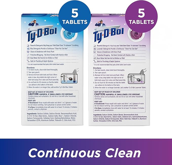 Ty-D-Bol Bleach-Free Toilet Bowl Cleaner Tablets Variety Pack - (10 Pack) 1.4 oz - 5 Lavender and 5 Blue Tablets - Fights Hard Water Stains, Mineral Buildup & Limescale - Bathroom Cleaning Supplies