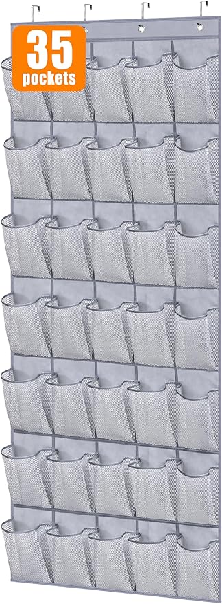 MISSLO 35 Large Pockets Over The Door Shoe Organizer Sturdy Oxford Fabric Hanging Shoe Rack for Door Mesh Closet Shoe Holder Hanger, Grey