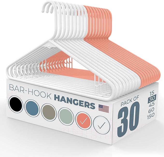 Neaties Plastic Hangers 30 Pack – Made in The USA – 6lb Capacity Standard Clothes Hangers with Strap Hooks for Dresses, Lingerie, Shirts, Pants, and Jackets – White & Peach