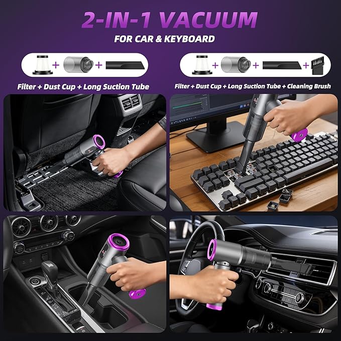 Mini Vacuum Cleaner, 2 in 1 25000PA Brushless Car Vacuum &250000RPM Air Duster 9000mAh Battery Air Blower Wireless Handheld Vacuum for Car,Office and Home