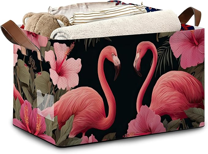 Flamingo Storage Basket,Hibiscus Collapsible Storage Bin Cubes for Living Room Bedroom Blankets Home Storage 17x11.5x10Inch