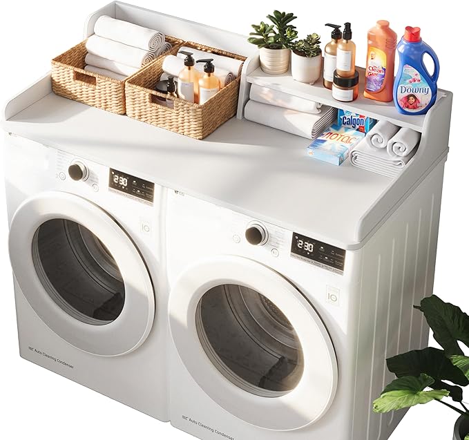 Washer Dryer Countertop Laundry Wood 2 Tier Shelves Topper with Edge, 54" W x 26.7" D Cover Guard Organizer for Washer and Dryer Laundry Hamper Counter Storage Organization White Wood