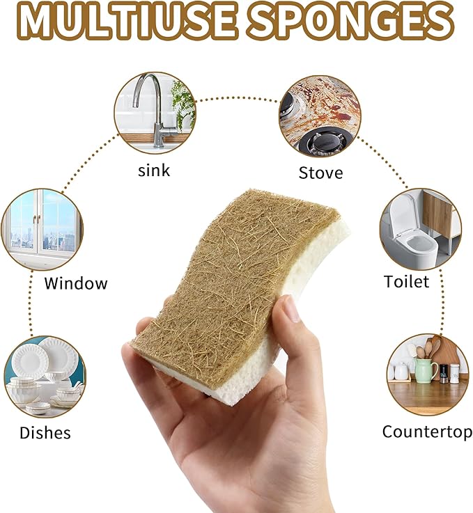Natural Kitchen Sponges, Biodegradable & Compostable | Non-Scratch Cellulose Coconut Fiber Sponges for Dishes, Pots & Pans | Eco-Friendly Cleaning Sponge (12)